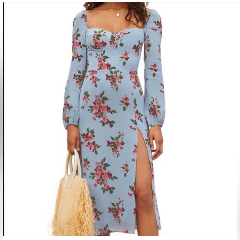 REFORMATION Gulia Midi Dress blue floral long sleeves size 0